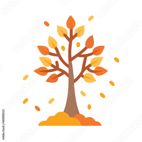 Flat illustration of an autumn tree with falling leaves