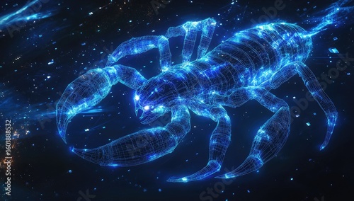 A digital scorpion glows with bright blue light, constructed of glowing lines against a cosmic background filled with stars