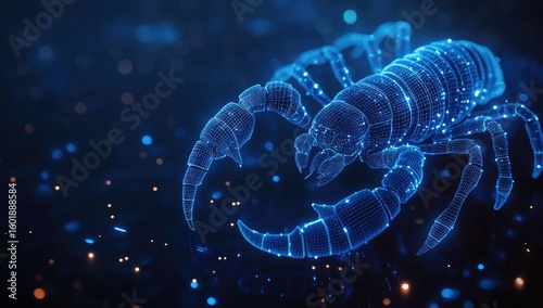 A luminous digital scorpion, rendered in blue, appears in a dark, bokeh-filled space, suggesting constellation or cybernetics