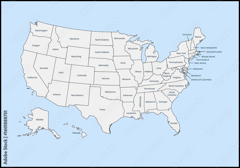 Fototapeta premium Labeled U.S. map with all state names on a light blue background