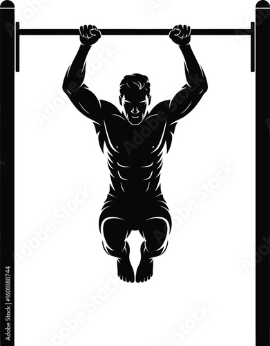 Muscular man performing pull up on horizontal bar fitness