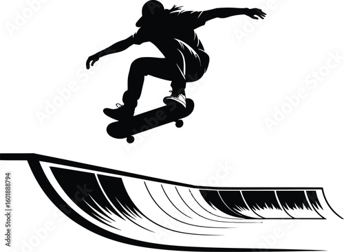 Skateboarder performing aerial trick over ramp silhouette
