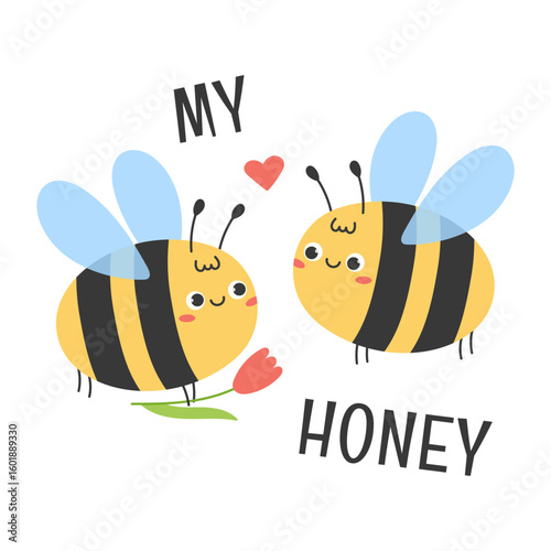 Cute kawaii bees in love with heart and flower. Lettering My Honey. Hand drawn flat vector illustration