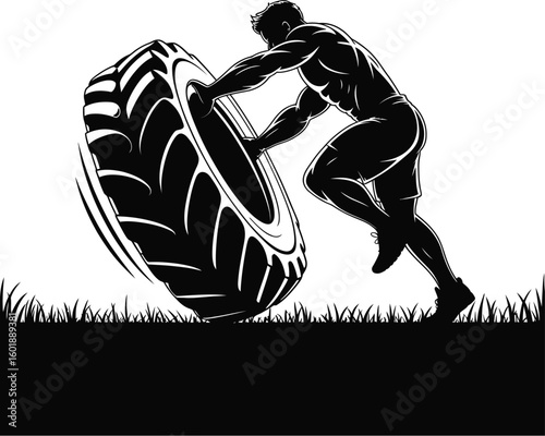 Muscular man flipping heavy tire fitness exercise