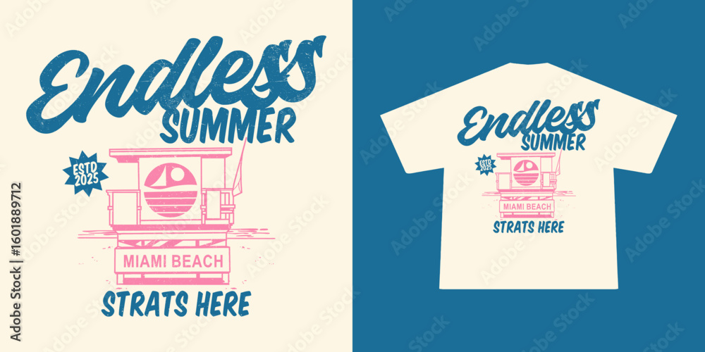 Fototapeta premium Vintage summer design, miami beach retro surfing artwork with tropical vibe