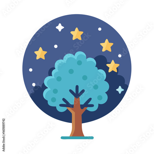 Stylized tree under a starry night sky graphic