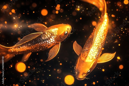 Two vibrant, golden koi fish swim gracefully against a dark, bokeh-filled background, evoking a sense of peace and wonder