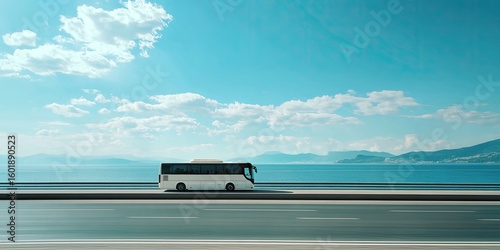 A white bus travels along a coastal highway with a bright blue sky, sea, and distant mountains. Gentle clouds drift above