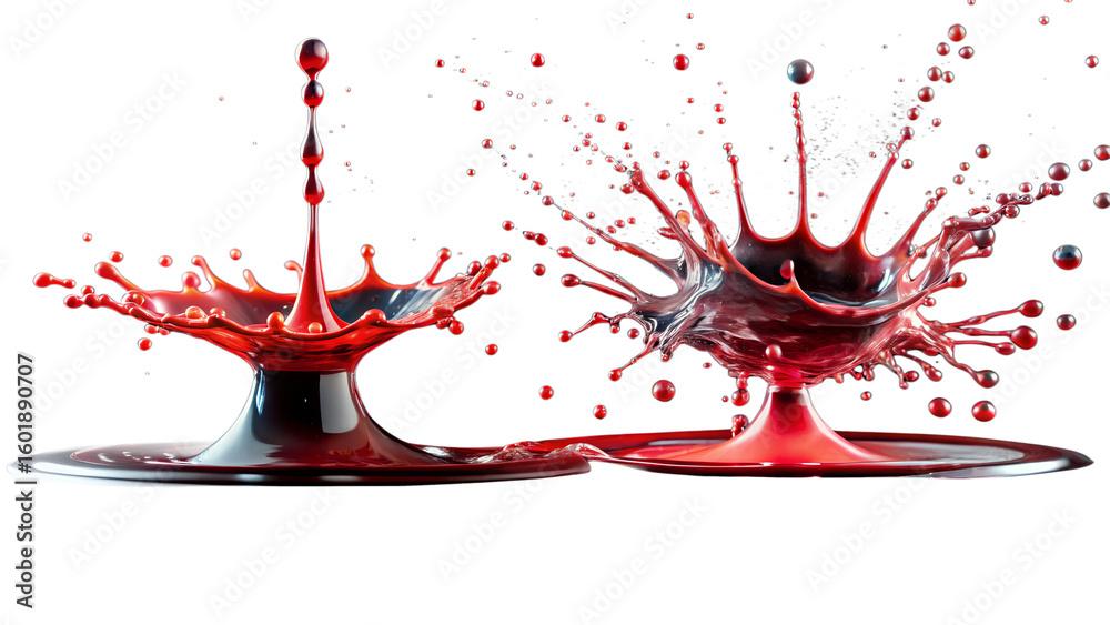 Fototapeta premium Two Red Liquid Drops Collision Splash on Transparent Background