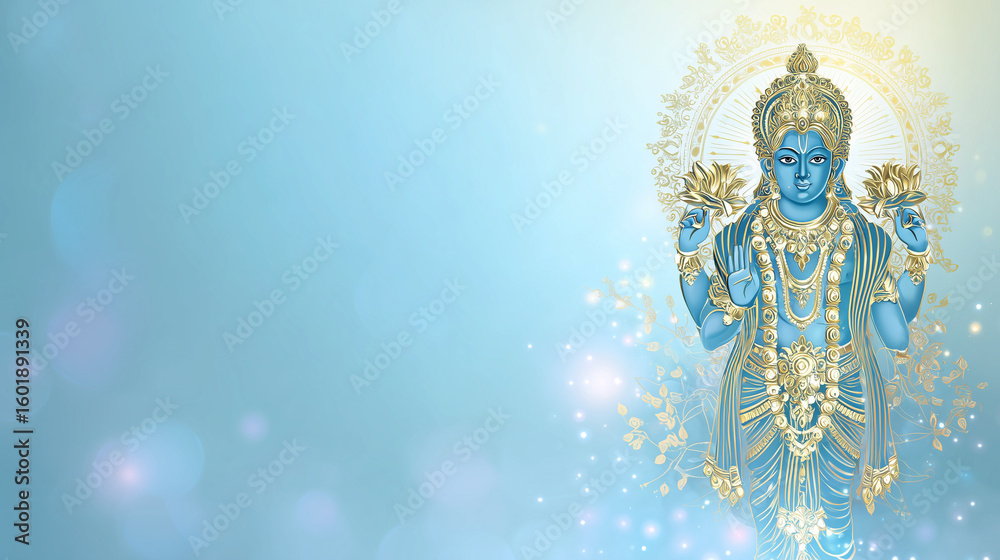 Fototapeta premium Putrada Ekadashi banner design, glowing Lord Vishnu illustration with divine ornaments