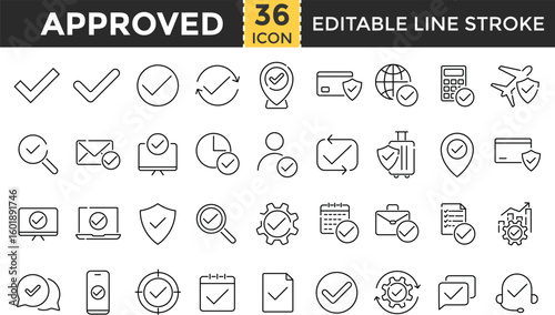 Approve, Checkmark line icon set. Check mark icons collection. Pixel Perfect and Editable Stroke. Approved, Correct, yes, correct, complete, Correct, checklist, Checkbox, tick mark, verified and more.