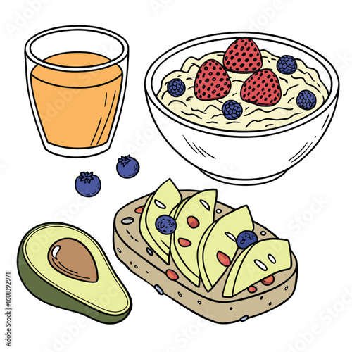 Nutritious Breakfast Illustration Oatmeal, Toast, Avocado, Berries, and Juice for a Healthy Start