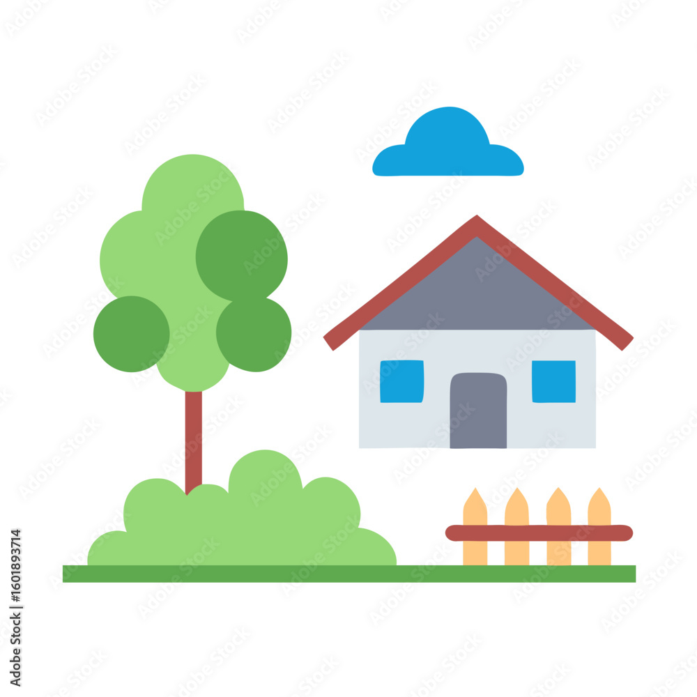 Fototapeta premium Minimalist house and yard illustration on black background