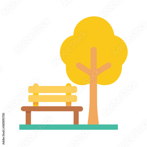 Park bench next to stylized tree illustration