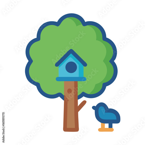 Cartoon tree with birdhouse and small bird
