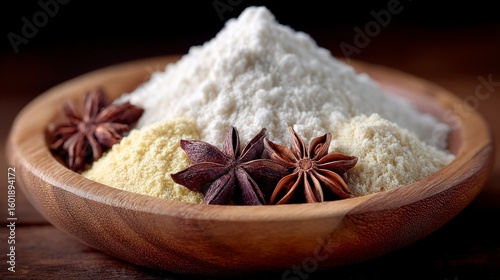 Fototapeta Naklejka Na Ścianę i Meble -  A wooden bowl contains white and yellow powders with star anise spice ingredient
