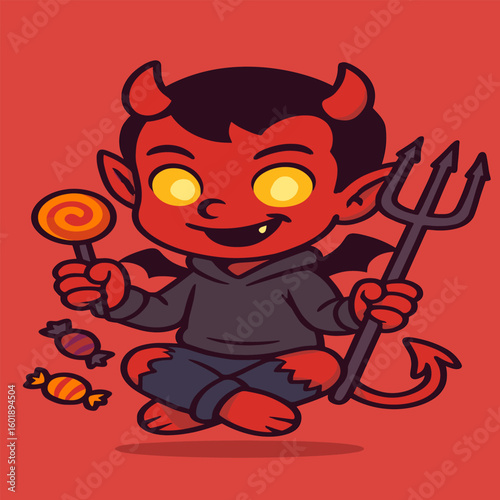 A mischievous devil boy sits cross-legged with glowing eyes, holding a lollipop and pitchfork. Cute, spooky, and funky in cartoon vector style.