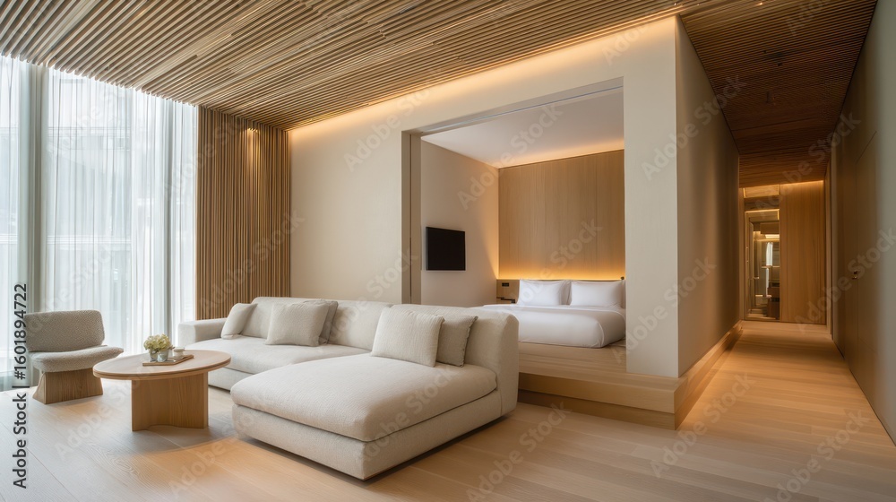 Fototapeta premium Modern elegance suite with upholstered ceiling channels and glowing skirting boards, long bokeh trails on the side lighting, colors