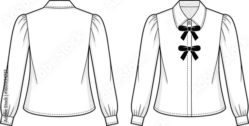 Elegant blouse design with double front bows, puff sleeves, collar detail, technical flat sketch, perfect for women’s fashion vector template