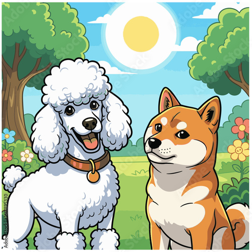 A lovely poodle and shiba dog playing a ball in a part in cartoon illustration style