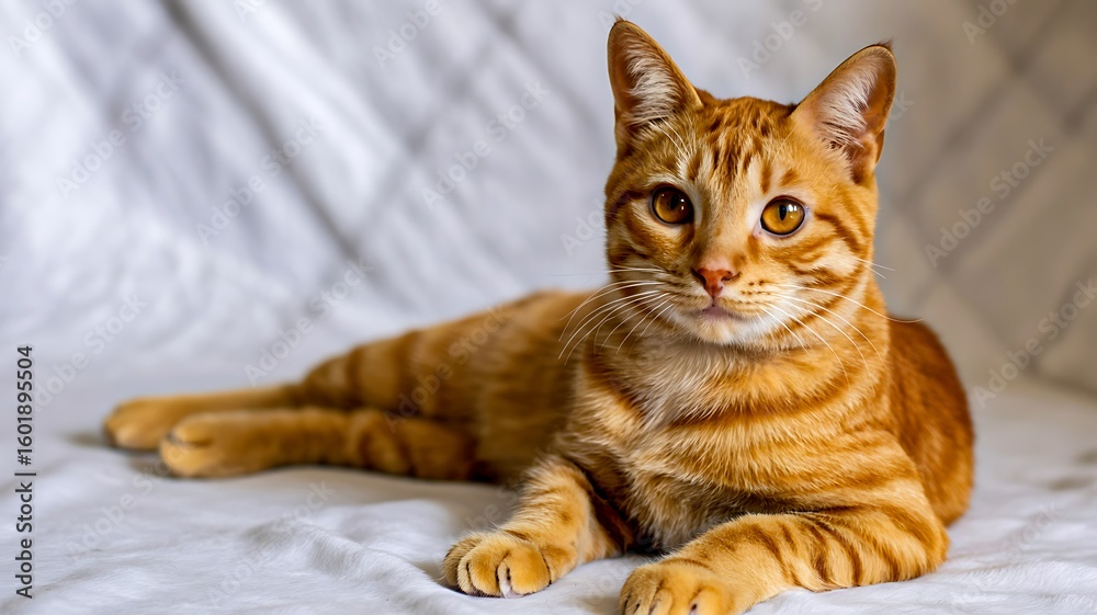 Obraz premium Cute orange tabby cat lying on white blanket looking at camera indoors