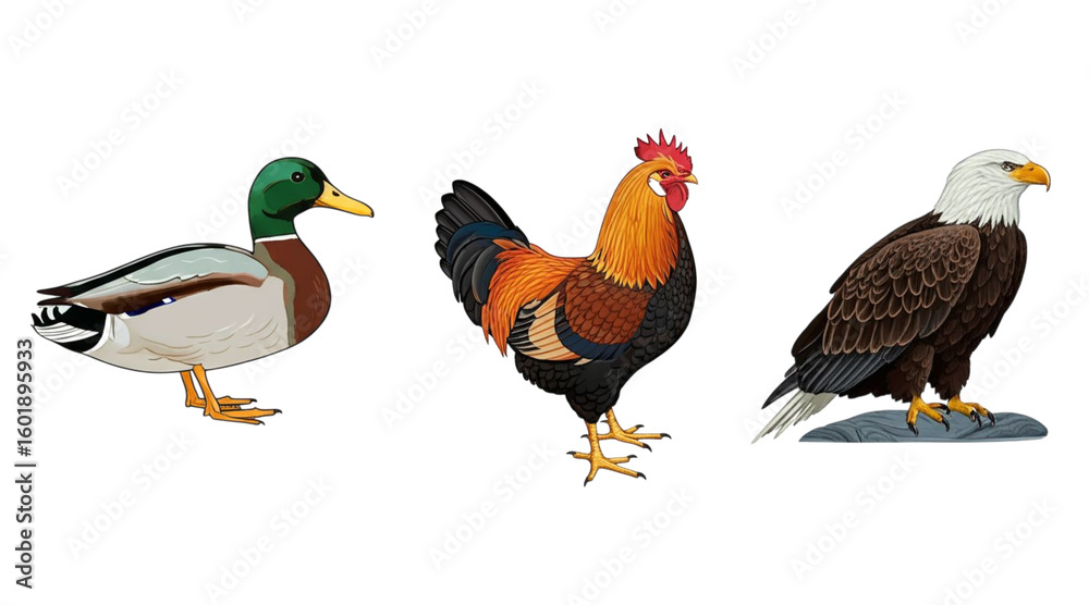 Fototapeta premium Three Birds Collection – Duck, Rooster, and Bald Eagle Illustration