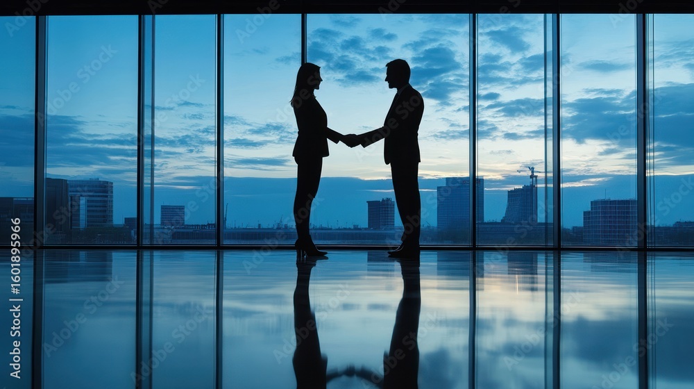 Fototapeta premium Strategic collaboration: Business handshake with the cityscape view as background