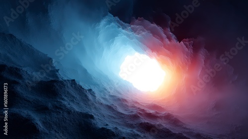 Fototapeta Naklejka Na Ścianę i Meble -  Abstract 3D rendering of a swirling ethereal cavern with light emanating from the end