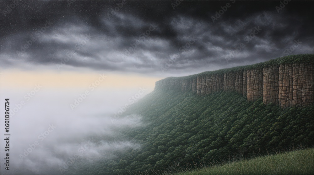 Obraz premium Towering cliff face covered in dense green forest shrouded in mist under a dramatic stormy sky