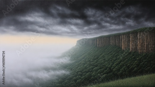 Wallpaper Mural Towering cliff face covered in dense green forest shrouded in mist under a dramatic stormy sky Torontodigital.ca
