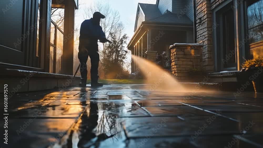 Man power washing patio with sunrise. Man power washing patio with sunrise.