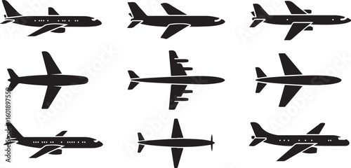 Nine Black Airplane Silhouettes Vector Illustration Set Various Views Top Side and Three Quarter Angles Airplanes Icons