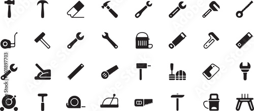 Black Minimalist Tool Icons Set Construction Repair Handyman Wrench Hammer Saw Screwdriver Paint Roller Tape Measure