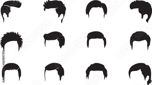 Twelve Black Silhouettes of Mens Hairstyles Various Short and Medium Length Cuts Vector Illustration Graphic Design Elements