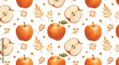 Apple pattern design with orange leaves on white background  