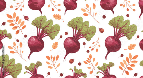 Pattern of beetroot and autumn leaves in colorful illustration  