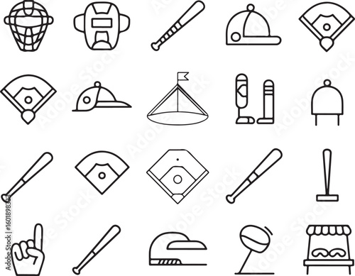 Baseball equipment and field icons catcher mask batter helmet
