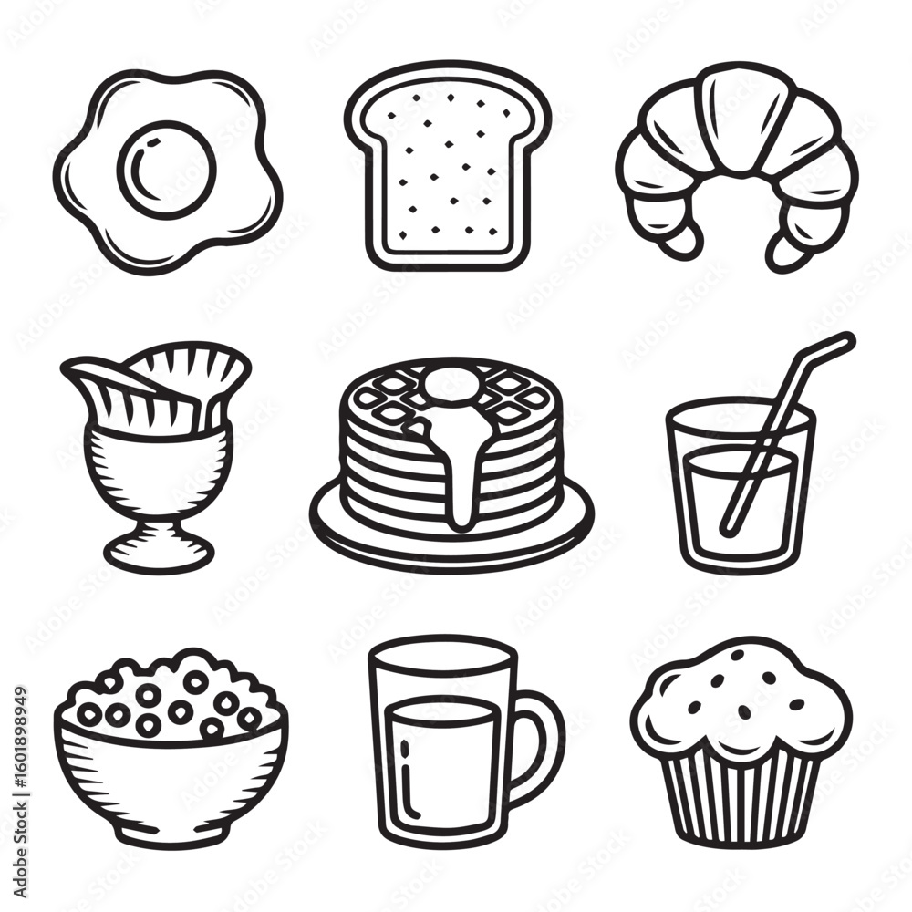 Fototapeta premium Whimsical breakfast icons for delightful morning meals and cafe menus