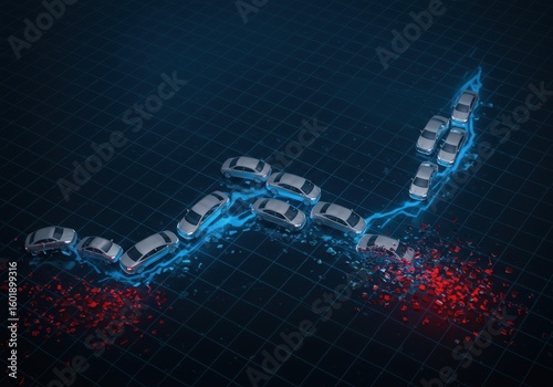 Silver Electric Cars Forming a Financial Crash Graph on a Glowing Dark Blue Grid Background The concept visualizes market decline and economic struggles.