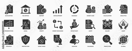 Accounting and Taxes icons Set. Containing accounting, taxes, financial, tax office, development, money, profit and investment. Simple Solid Vector Illustration.