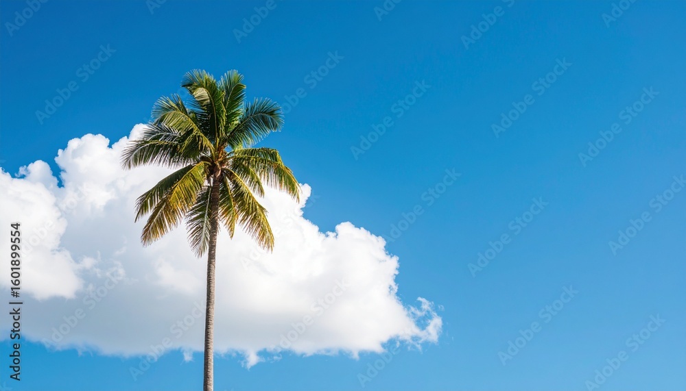Fototapeta premium A Solitary Palm Tree Stands Tall Against the Vast Blue Sky with Fluffy White Clouds