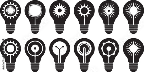 Black and white light bulb icons with internal designs