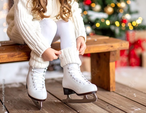 Child putting on ice skates, Christmas