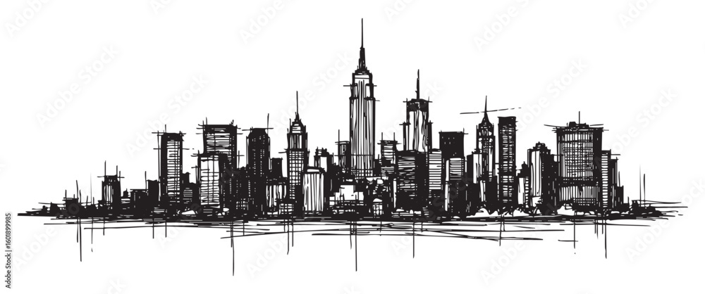 Fototapeta premium new york usa cityscape tall building engraving sketch vector illustration