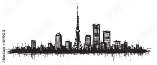 tokyo cityscape tall building engraving sketch vector illustration