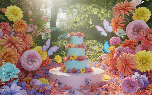 Beautiful floral cake display with butterflies for wedding or birthday party