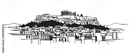 athens greece cityscape tall building engraving sketch vector illustration