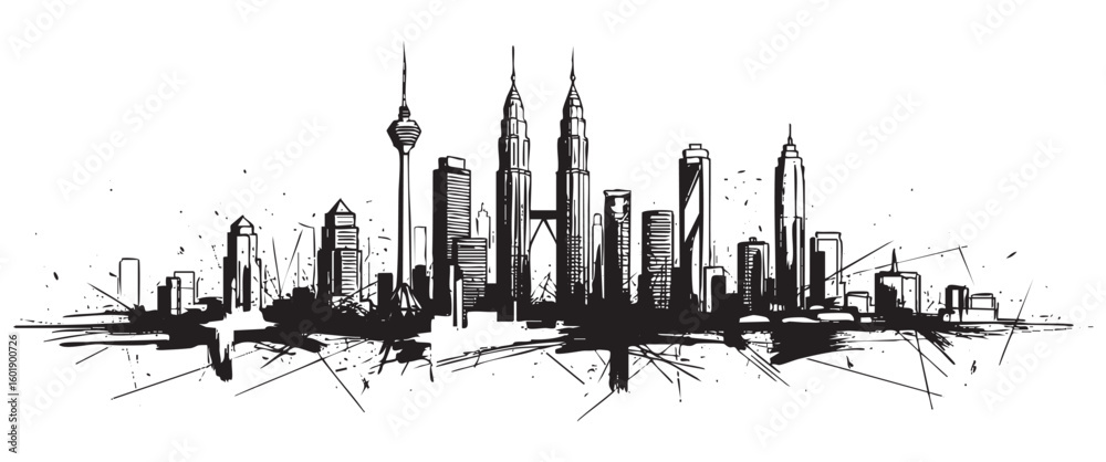Fototapeta premium kuala lumpur malaysia cityscape tall building engraving sketch vector illustration