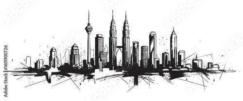 kuala lumpur malaysia cityscape tall building engraving sketch vector illustration