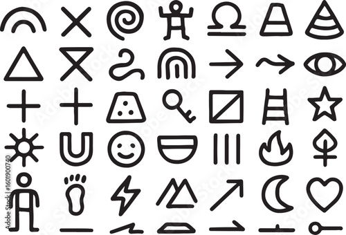Black hand drawn primitive symbols on white background